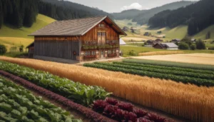 Ladein Farms DE Closeup of a farm in Ladein, Germany, showing fields of rye, oats, potatoes, and fodder beets near a wooden barn with traditional German architecture3