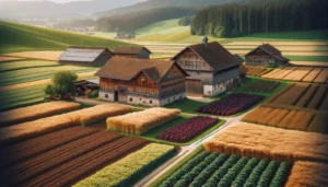 Ladein Farms DE Medium shot of a farm in Ladein, Germany, capturing fields of rye, oats, potatoes, and fodder beets along with wooden barns of traditional German arch4