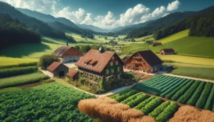 Rye, Oats, Potatoes, and Fodder Beets A picturesque farm in Ladein, Germany, nestled in a lush green valley. The farm features fields of rye, oats, potatoes, and fodder beets. Charming woo1 (1)