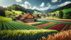 Rye, Oats, Potatoes, and Fodder Beets A picturesque farm in Ladein, Germany, nestled in a lush green valley. The farm features fields of rye, oats, potatoes, and fodder beets. Charming woo1 (2)